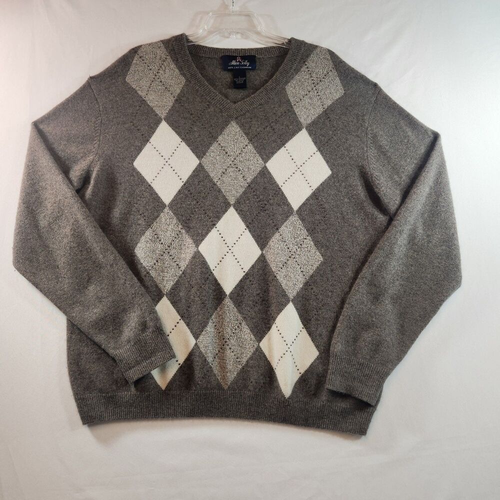 Allen Solly 100% 2-ply Cashmere Sweater Brown Ivory Argyle Men's Size L Grandpa